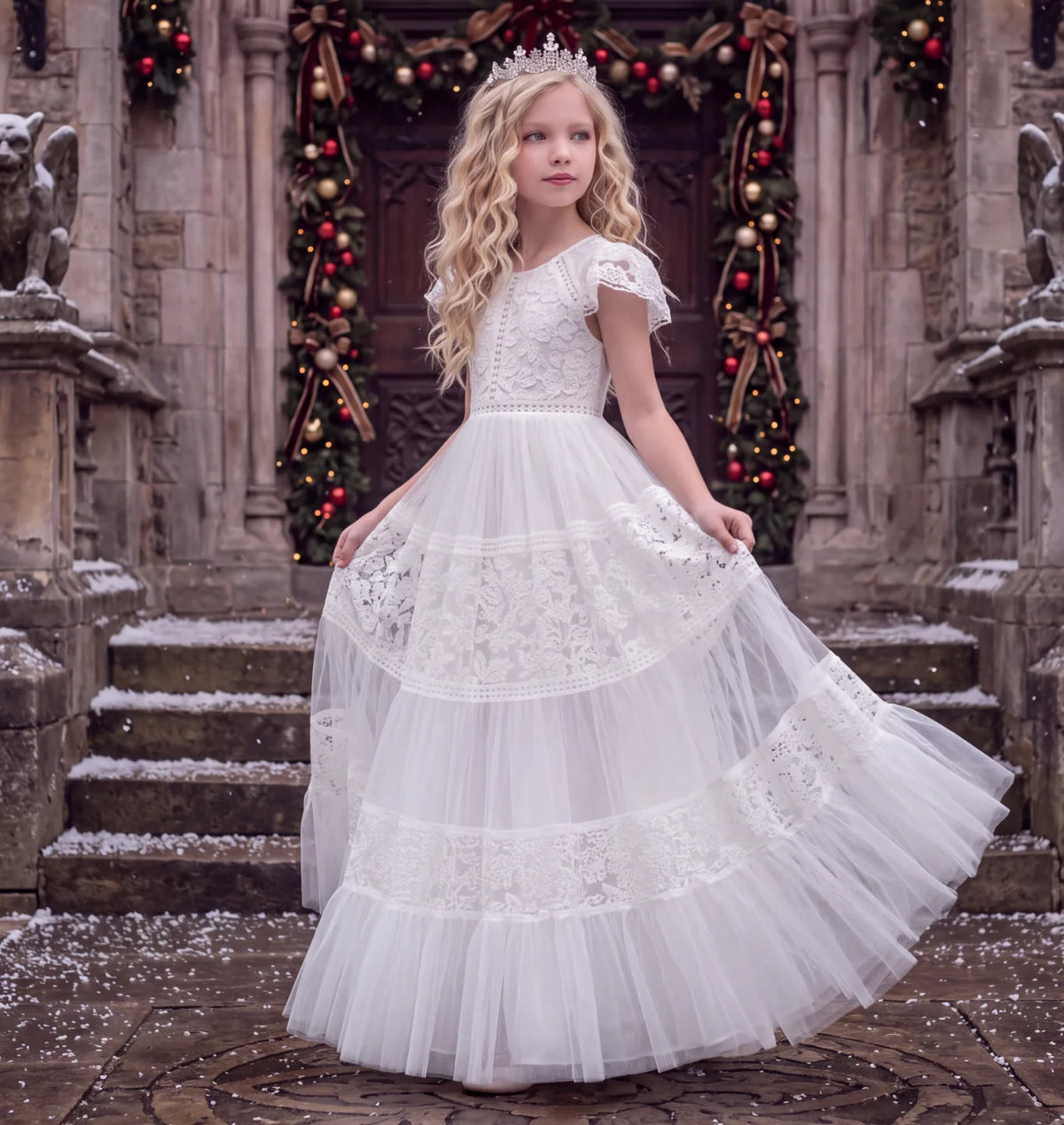 Flower Girl Dress – Caterina White Tulle & Lace Gown