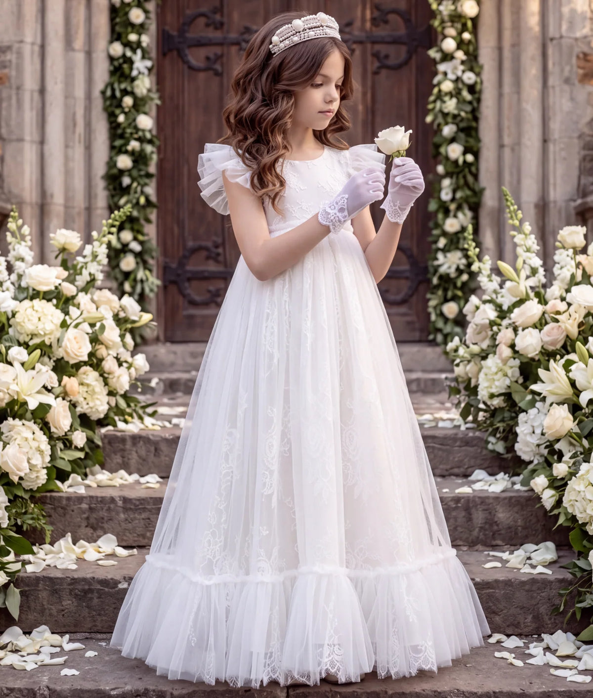 Flower Girl Dress – Clara White Lace & Tulle First Communion Gown
