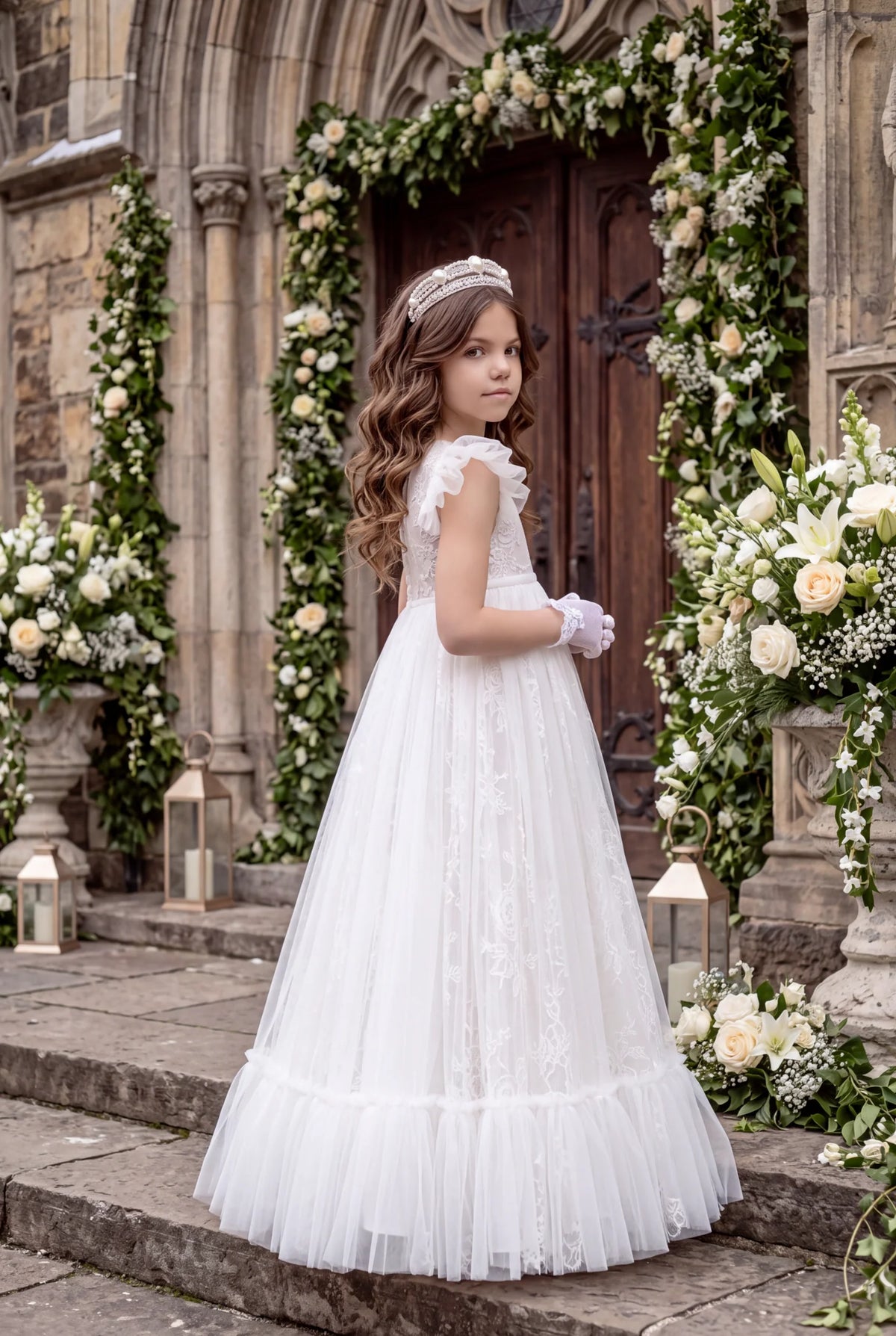 Flower Girl Dress – Clara White Lace & Tulle First Communion Gown