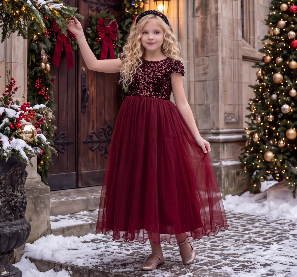 Girls Sequin Dress – Delilah Wine Red Holiday Party Dress