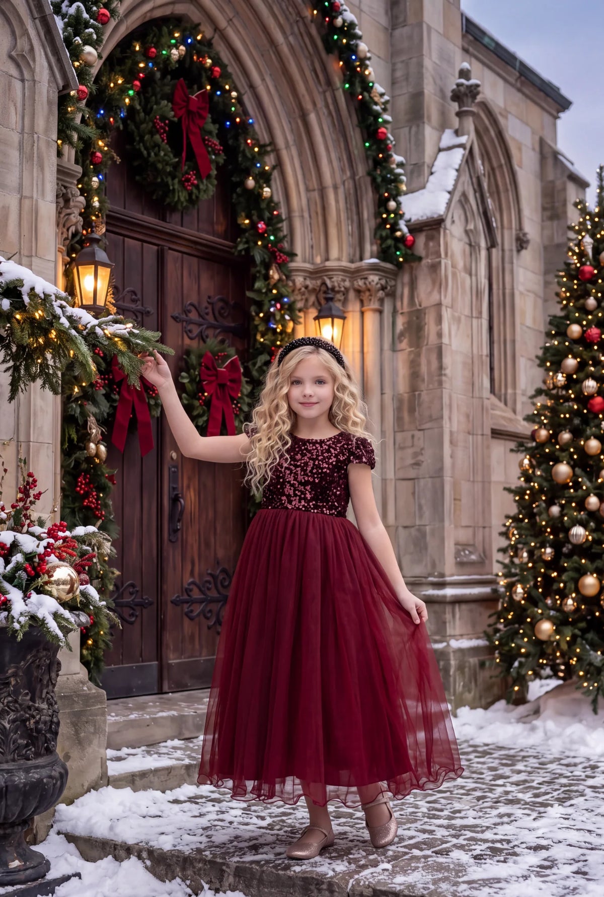 Girls Sequin Dress – Delilah Wine Red Holiday Party Dress