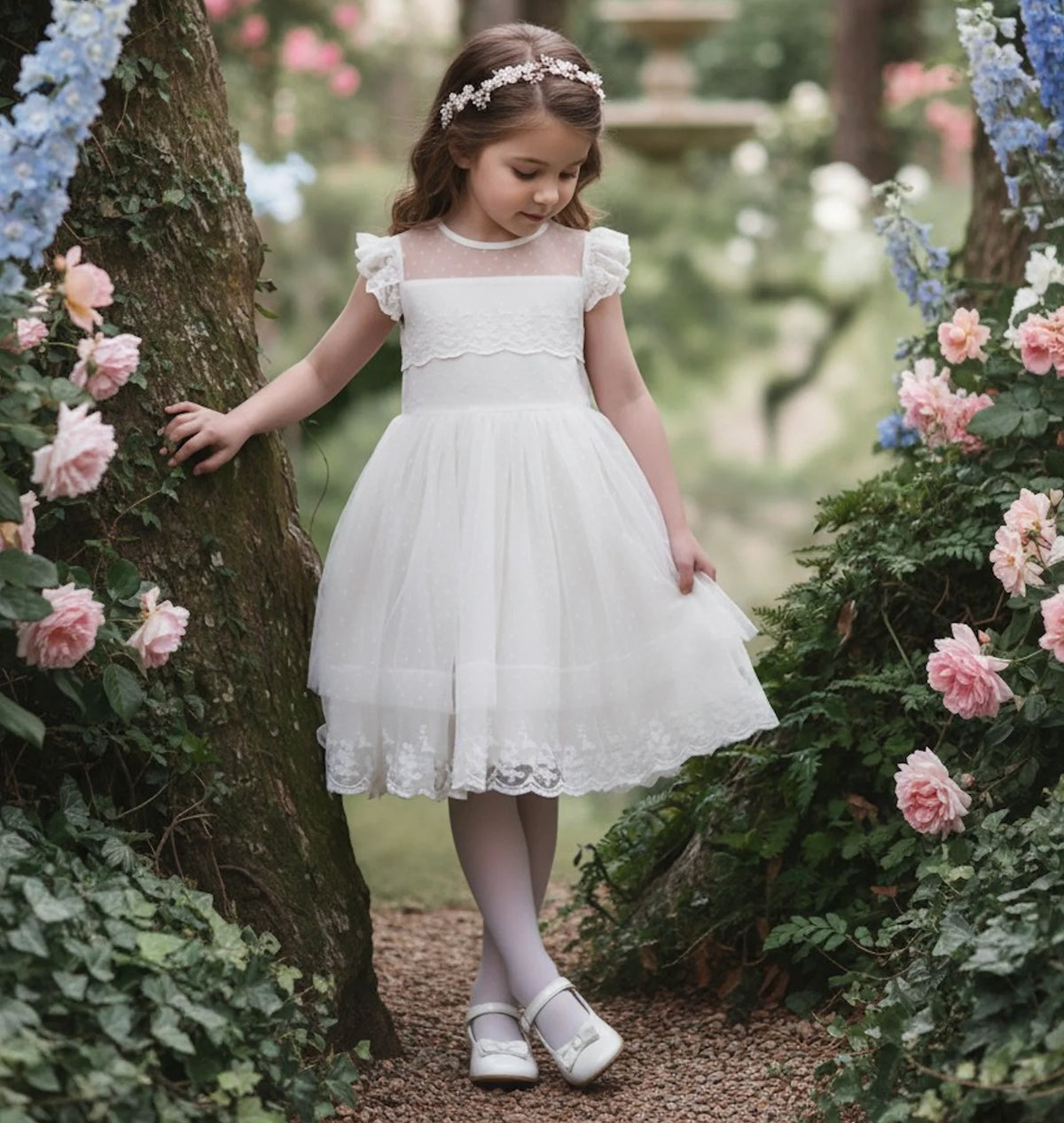 Flower Girl Dress – Olivia Antique White Dot Mesh & Lace Dress