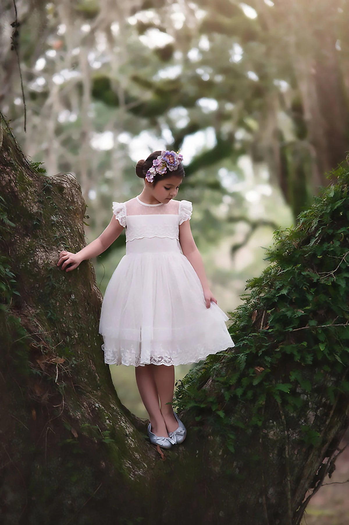 Flower Girl Dress – Olivia Antique White Dot Mesh & Lace Dress