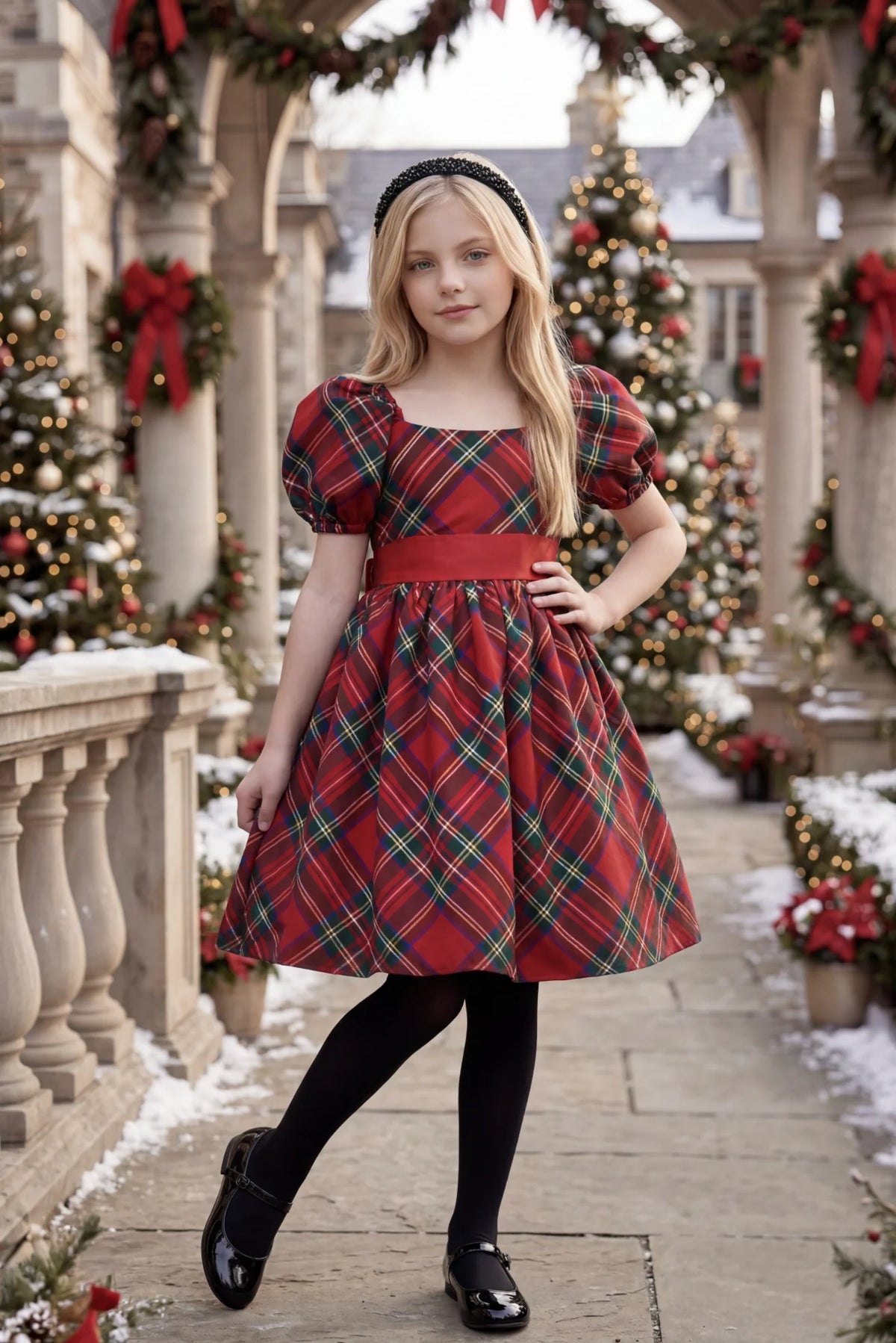 Girls Tartan Dress – Arielle Stewart Plaid A-Line Christmas Dress