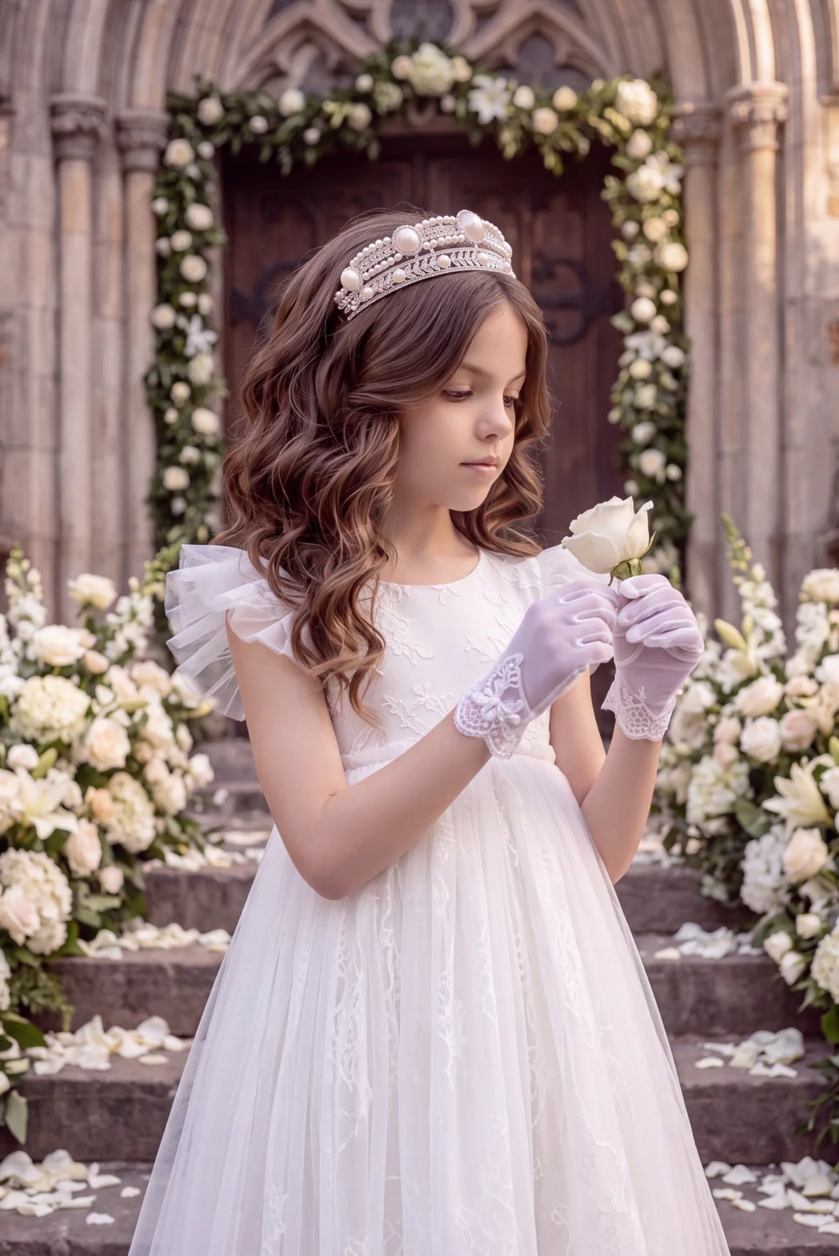Flower Girl Dress – Clara White Lace & Tulle First Communion Gown