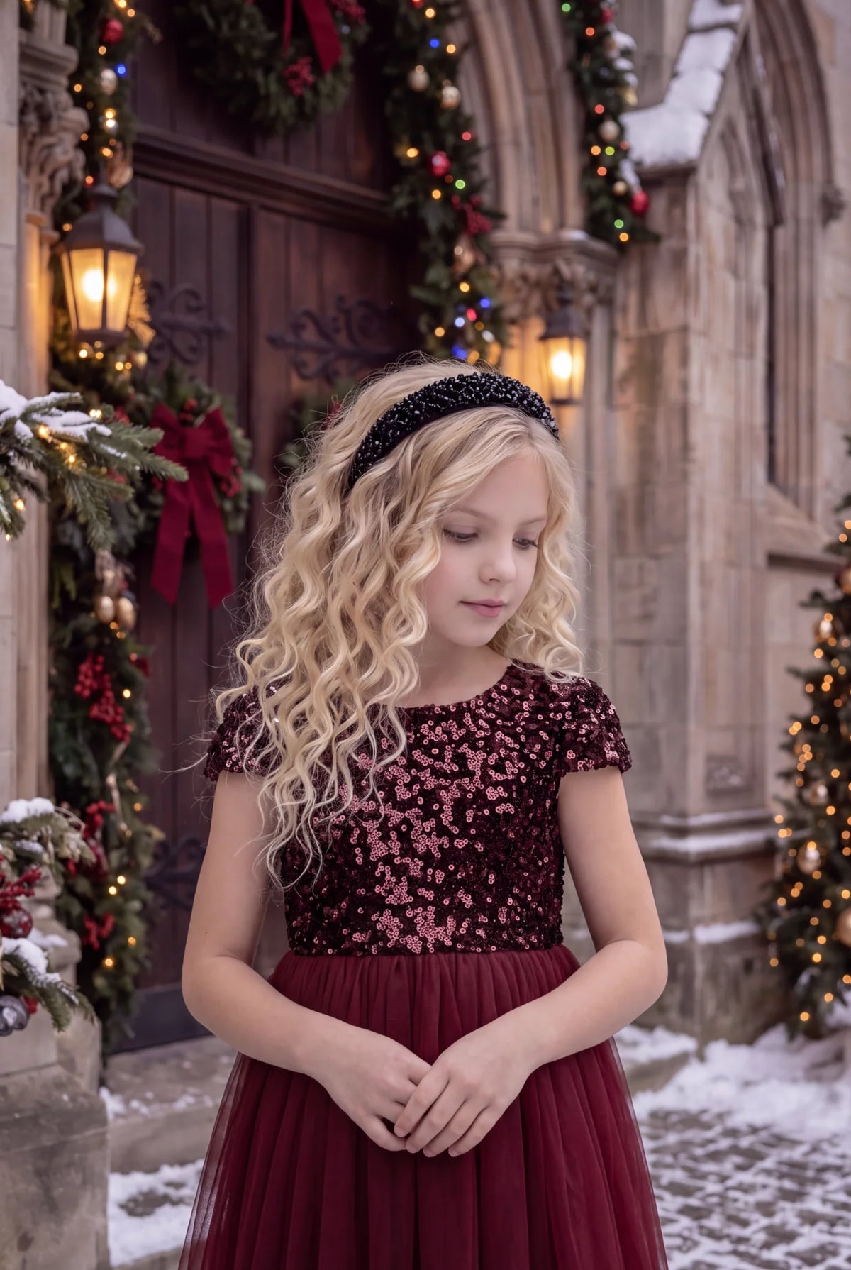 Girls Sequin Dress – Delilah Wine Red Holiday Party Dress