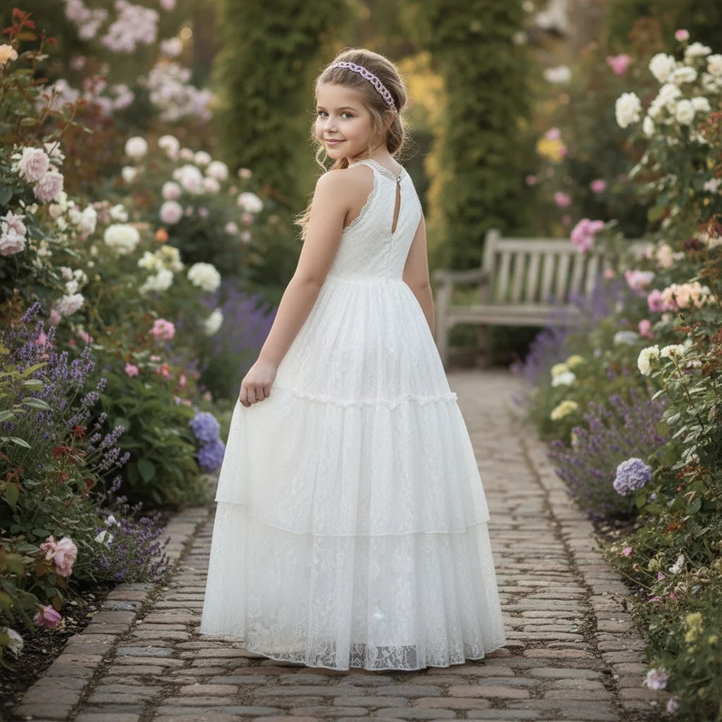 Girls White Maxi Dress – Dominique Halter Neck Special Occasion Dress