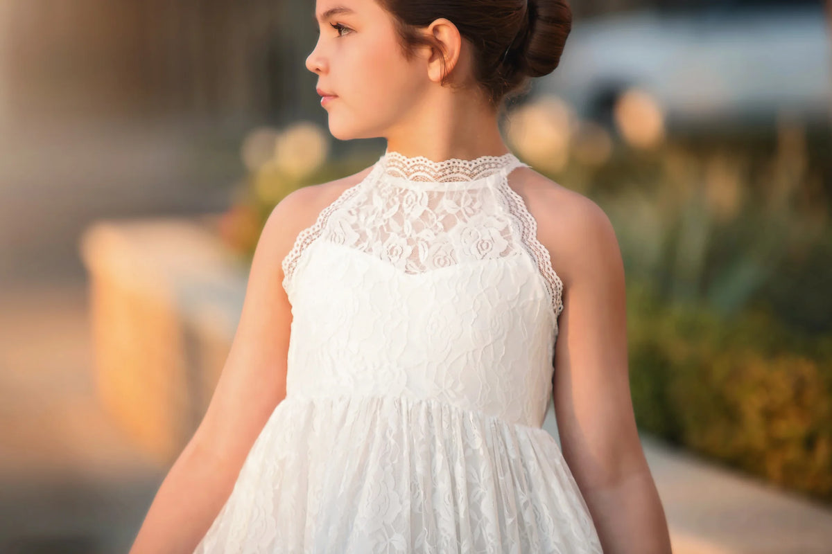 Girls White Maxi Dress – Dominique Halter Neck Special Occasion Dress