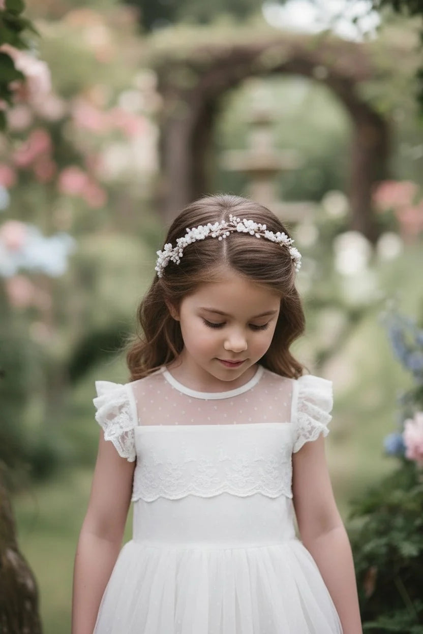 Flower Girl Dress – Olivia Antique White Dot Mesh & Lace Dress