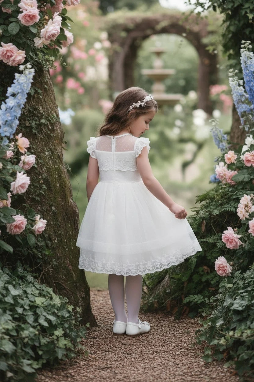 Flower Girl Dress – Olivia Antique White Dot Mesh & Lace Dress
