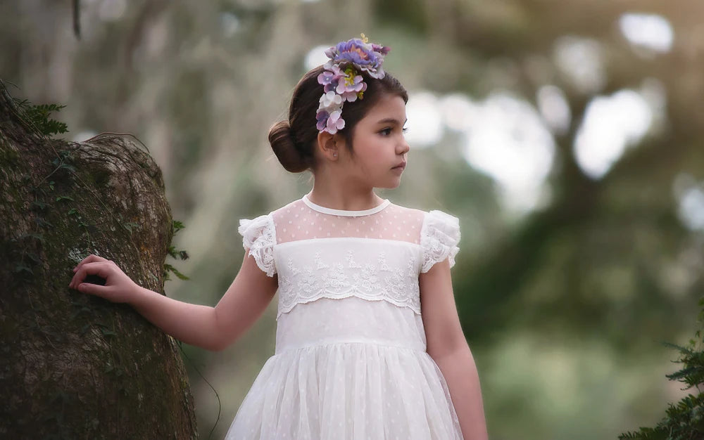 Flower Girl Dress – Olivia Antique White Dot Mesh & Lace Dress