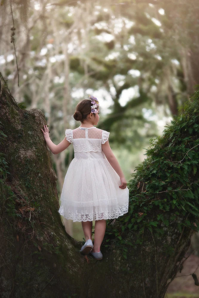Flower Girl Dress – Olivia Antique White Dot Mesh & Lace Dress